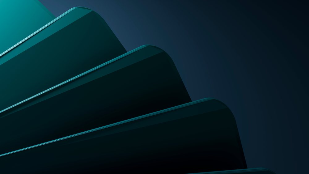 Abstract digital rendering featuring layered curved shapes with blue gradient and dark background.
