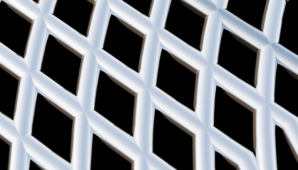 white geometric lattice pattern with diagonal crisscross shapes on black background.