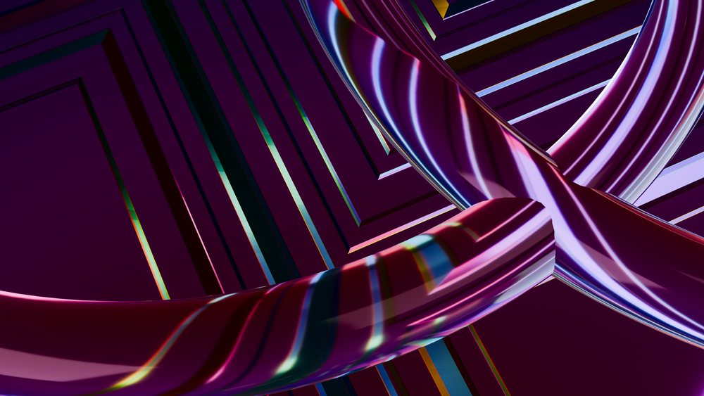 Abstract digital illustration depicting two large shiny intertwined purple looping tubes against a dark purple geometric patterned background.