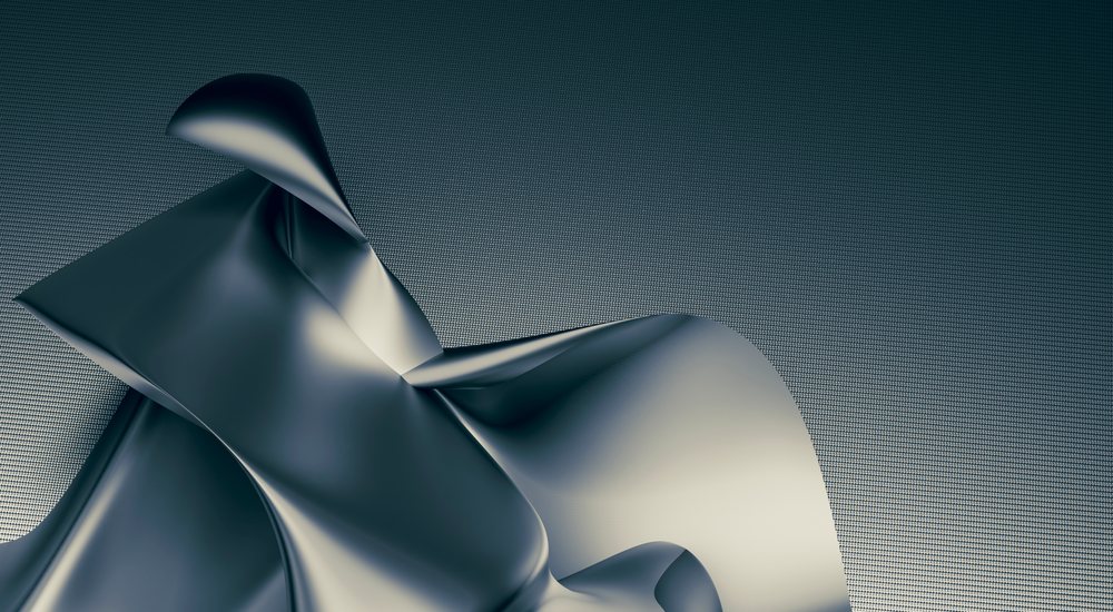 A digitally created abstract metallic sculpture featuring smooth curved shapes against a dark textured background.