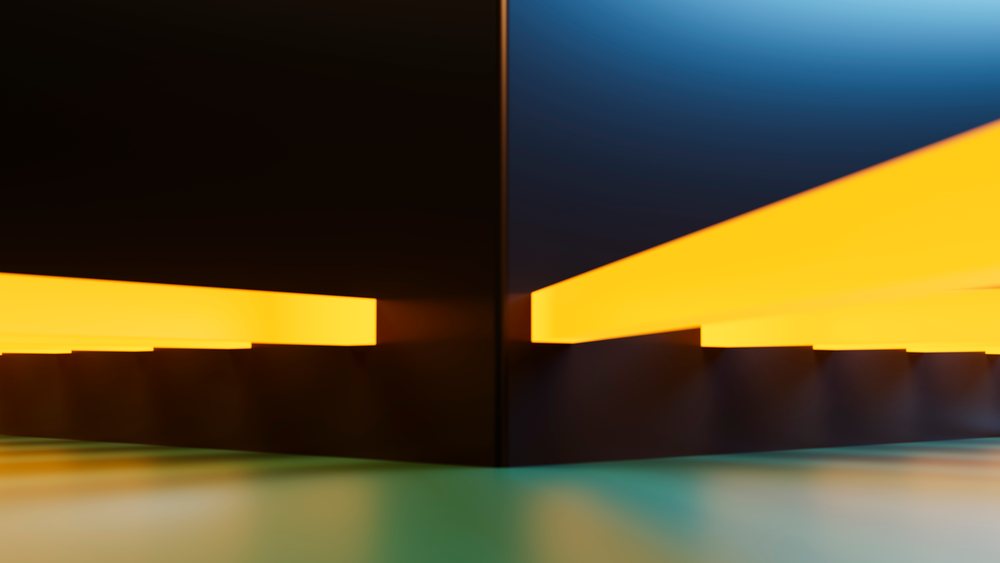 Minimalist abstract corner with black walls and glowing orange light highlights symmetrical geometric shapes on a reflective floor.