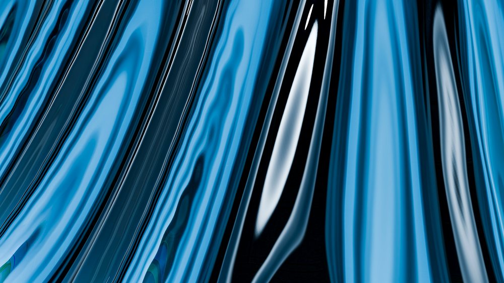 Digital abstract art showing blue fluid wavy lines with smooth glossy reflections.