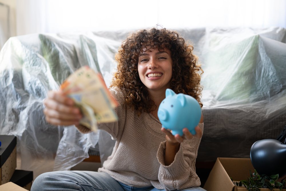 Smiling woman with curly hair sits on the floor holding money and a blue piggy bank in a room with covered furniture and moving boxes, Spain.