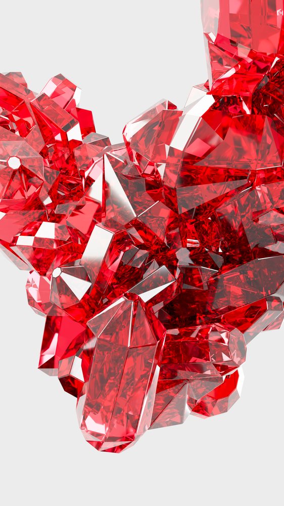 Cluster of red faceted transparent crystals with reflective surfaces, digitally rendered as an abstract gemstone illustration.