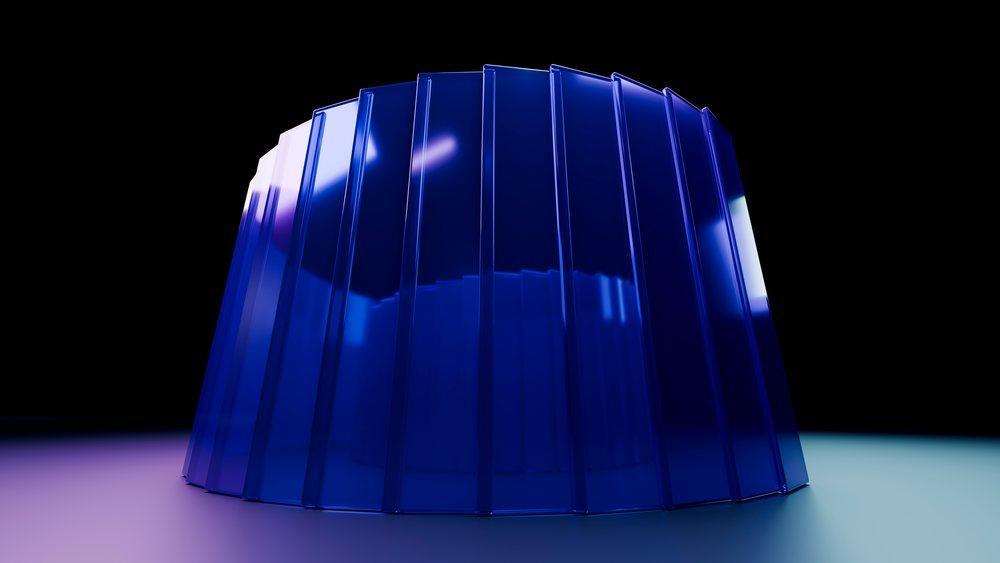 Blue translucent cylinder with vertical ribs reflecting light, shown against a dark background in a digital 3D illustration.