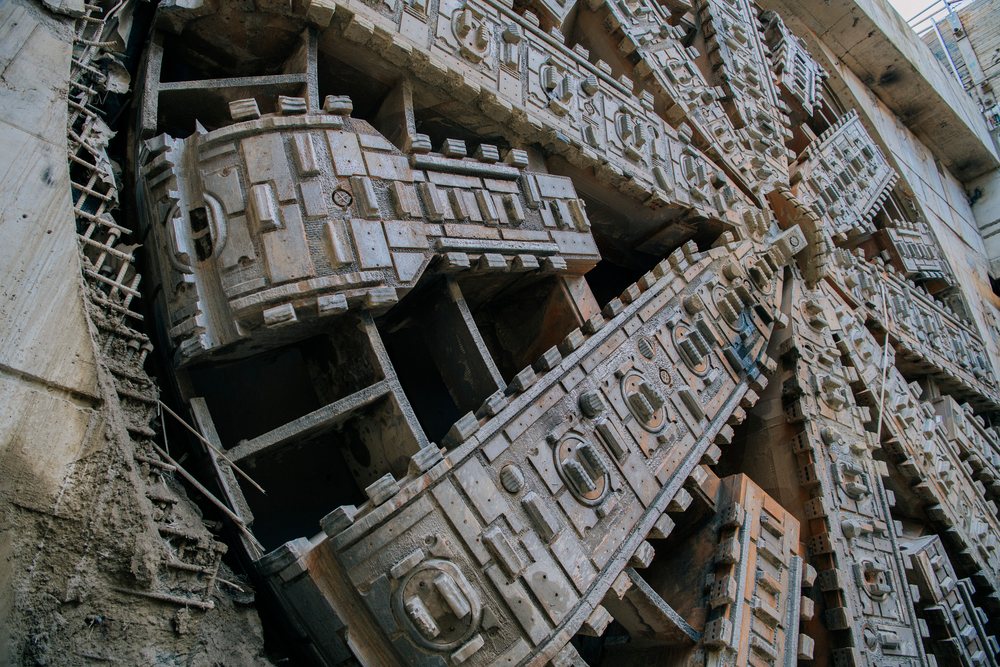 Close-up view of the boring head of a tunnel boring machine used for drilling, USA.