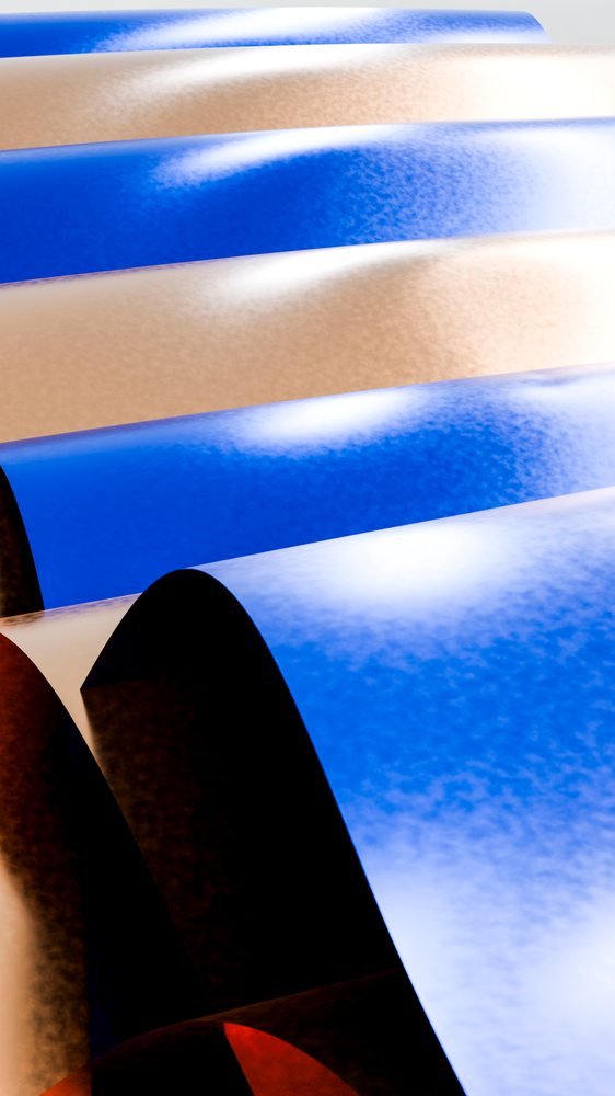 Blue curved metal sheets with reflective surfaces overlap in an abstract architectural composition.