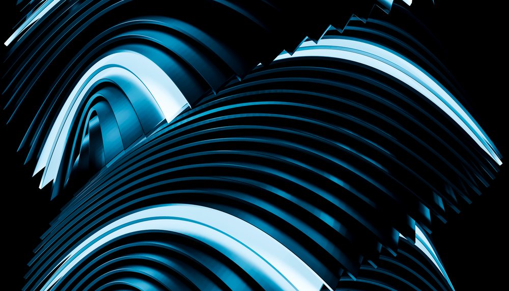Digital abstract art of flowing blue curved lines and wave patterns on a black background with glowing effects.