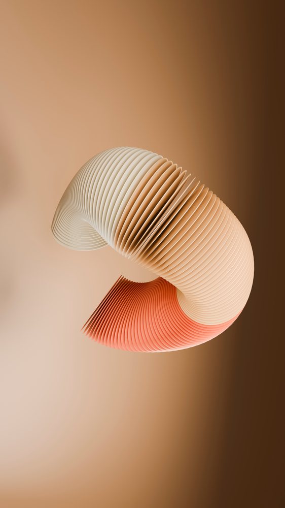 Abstract curved 3D form with concentric layered discs in beige, brown, and orange tones on a neutral background.