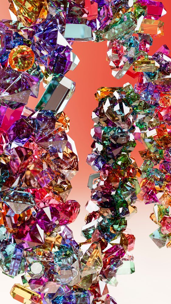 Colorful faceted crystals form an abstract 3D composition with multicolor reflective surfaces on a gradient background.