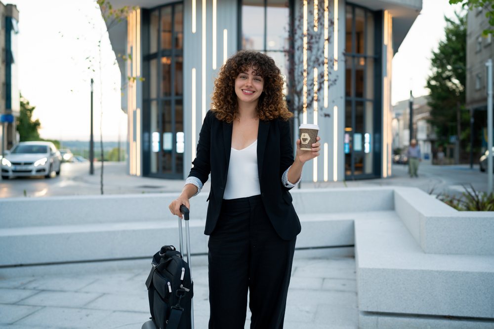 Smiling business woman holding a coffee cup and luggage trolley outdoors on a city street, Madrid.
