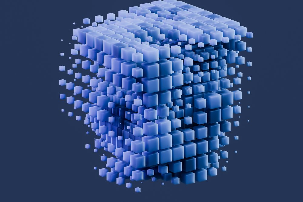 Digital 3d abstract render of a fragmented blue cube made of floating smaller cubes on a dark background.