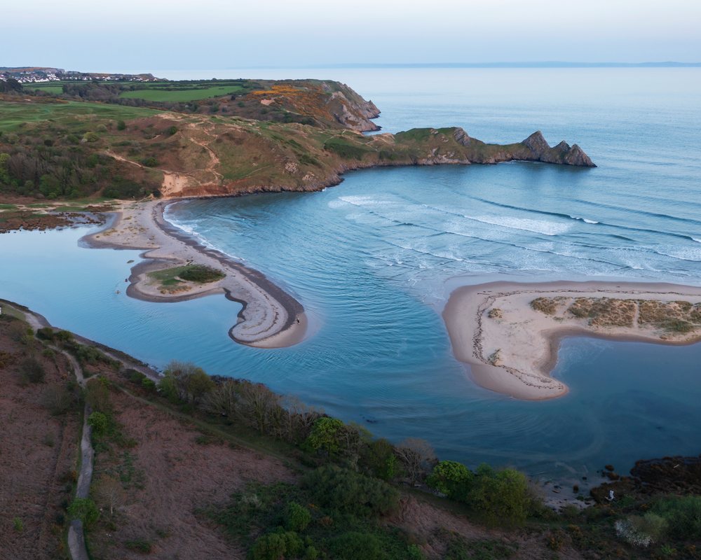 Aerial view of three Cliffs Bay, Landscape, Swansea, Glamorgan, Wales.