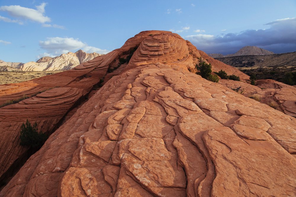 Red rock formation with layered sandstone, Snow Canyon, red Cliffs Desert, Utah, USA.