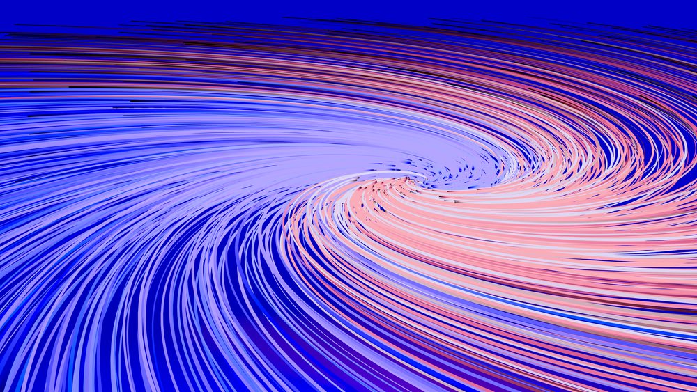 Digital abstract artwork with swirling blue and pink lines creating dynamic flowing motion and visual energy.
