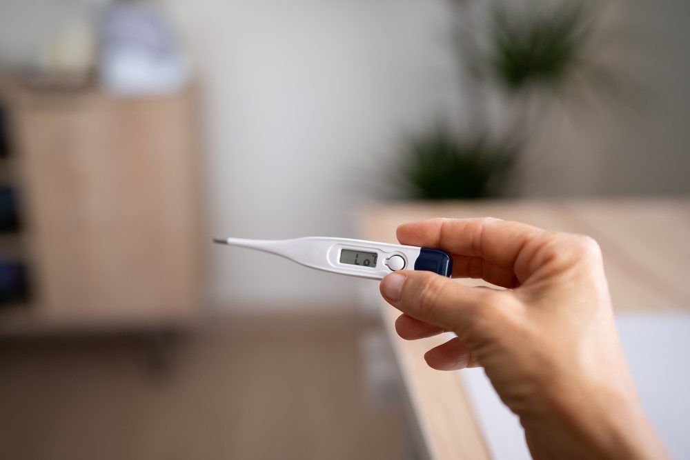 Hand holds a digital thermometer displaying a temperature reading indoors with household furniture blurred in the background, Spain.