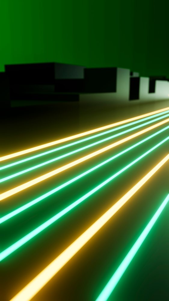 Neon yellow and green glowing horizontal light lines with alternating colors form an abstract digital art scene on a dark background.
