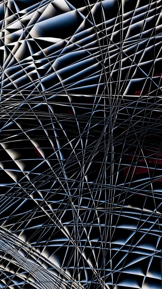 Abstract design with intersecting white lines and glowing edges on a black background creating a complex geometric pattern.