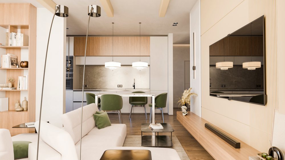Modern living room featuring a beige sofa, green dining chairs, pendant lights, and wooden furniture in an open floor plan.