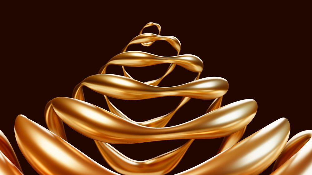 Golden metallic ribbon in a smooth twisting spiral with shiny surfaces and curved lines in an abstract 3D rendering.