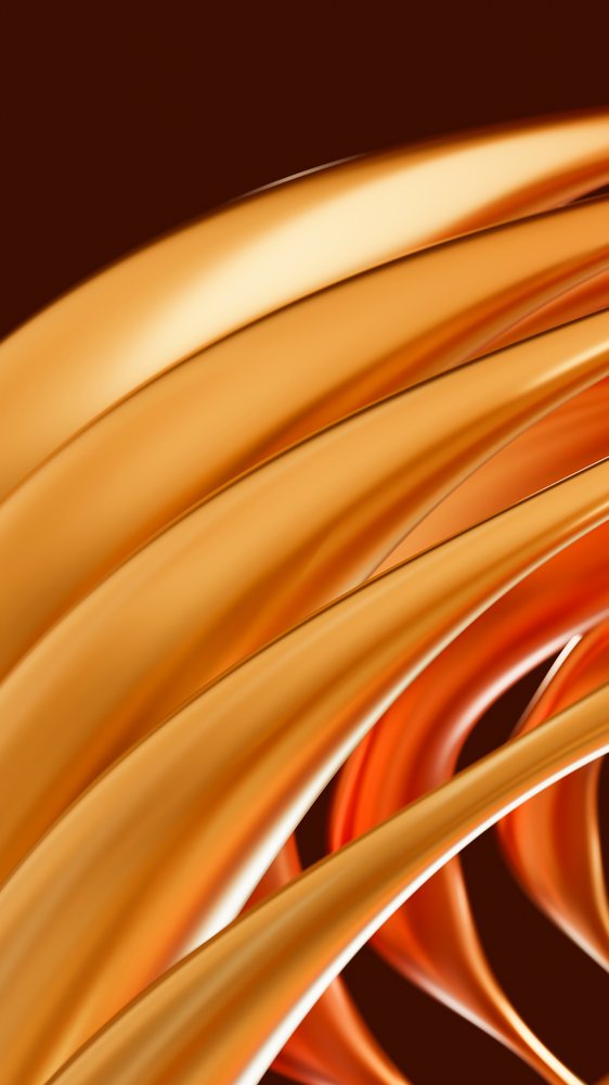 Abstract 3D digital art depicting smooth curved orange and brown shapes with a glossy finish on a dark background.