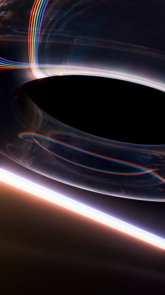 Illustration of a black hole with colorful light streaks showing cosmic energy and space-time distortion in the universe.