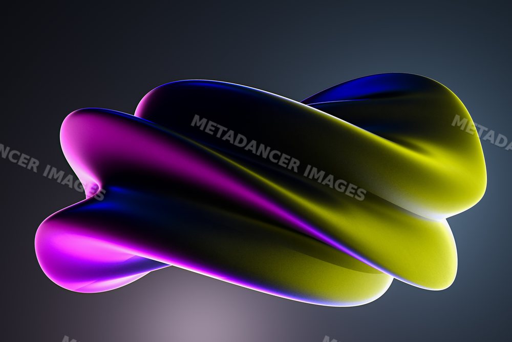 A digital abstract shape with vibrant purple, blue, and yellow curves