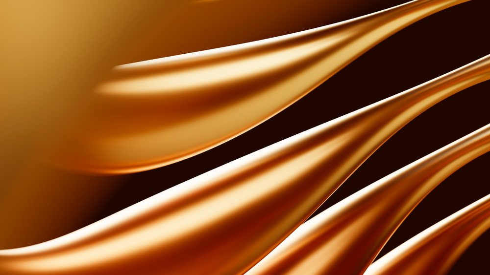 Three flowing liquid gold waves create an abstract smooth and glossy metallic texture with warm golden curves.