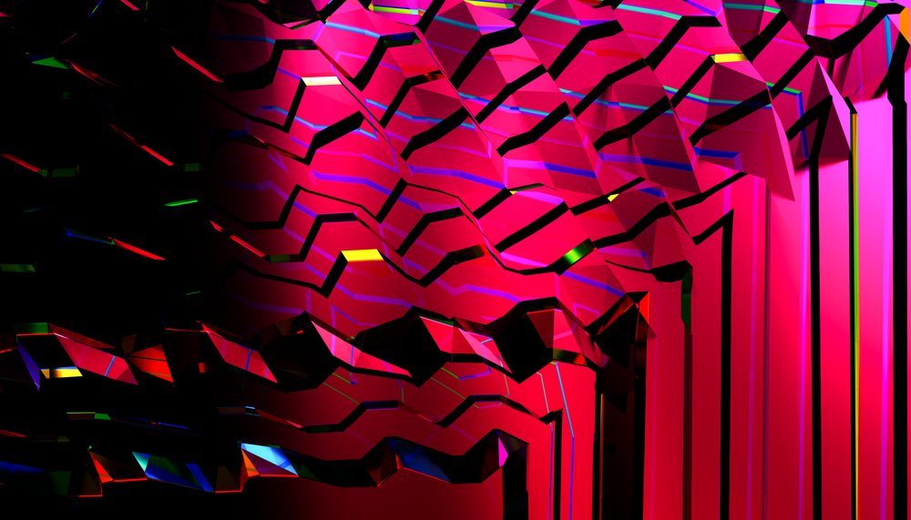 Abstract 3D digital art featuring colorful geometric shapes and reflective surfaces on a dark background.