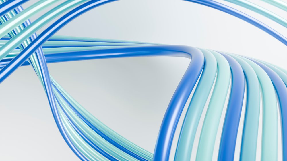 Abstract 3D digital illustration of twisting blue and light blue lines forming flowing curves on a bright background.