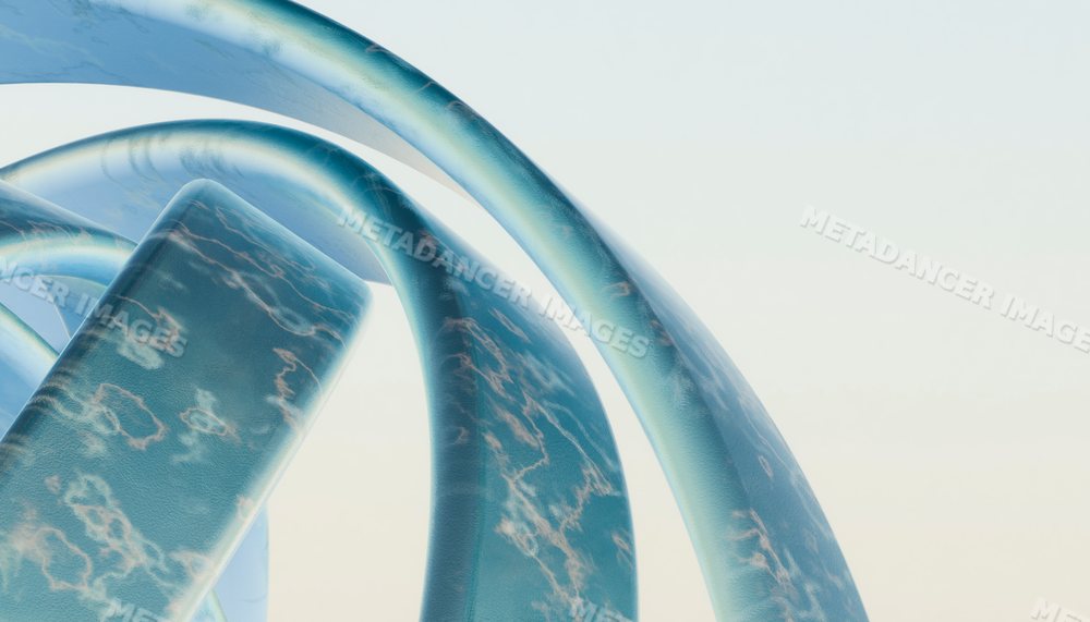 3d rendering of blue abstract curved shapes with marble-like texture