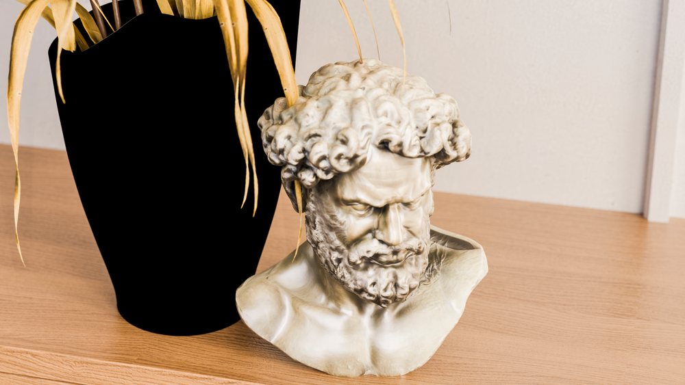 Classical marble bust sculpture of a bearded man on a wooden surface next to a black vase with dried leaves indoors.