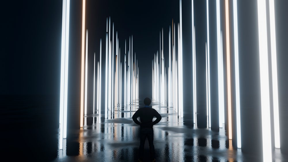 Man stands in dark reflective water facing glowing vertical light pillars in a futuristic digital art scene.