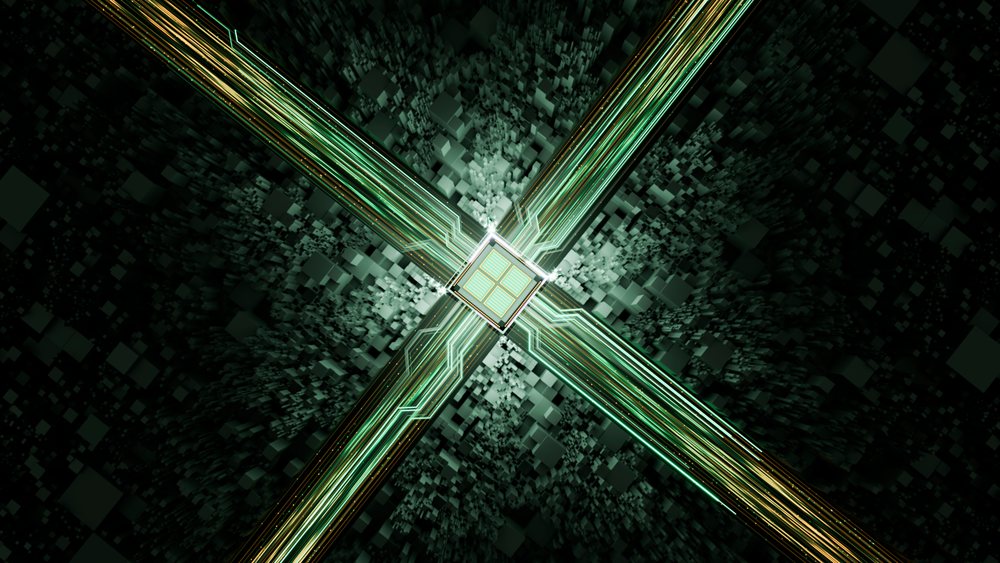 Digital microchip featuring glowing green circuit lines and electronic components in an abstract futuristic design.