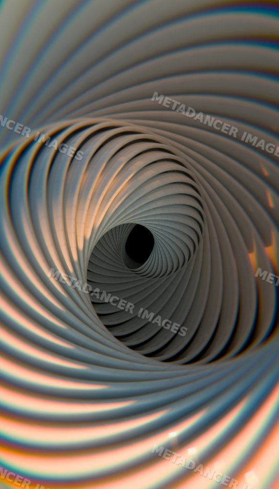 A digital 3d rendering of an abstract spiral tunnel with rotating