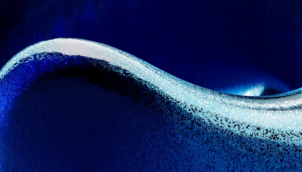 Abstract digital curved wave shape in blue tones with light reflections and dynamic texture.