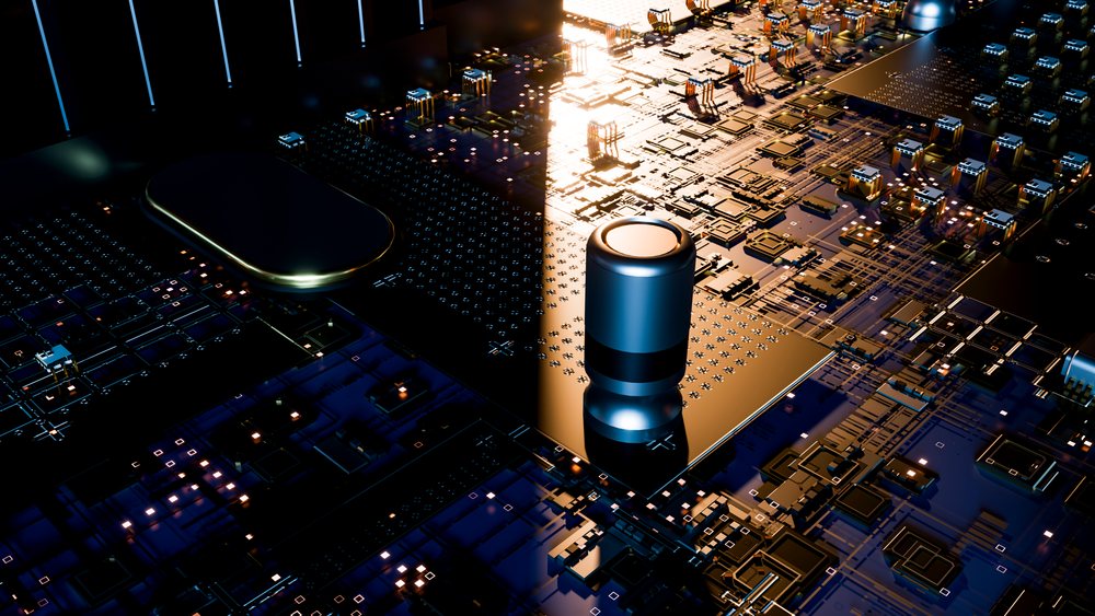 Close-up illustration showing a microchip and electronic components mounted on a circuit board.