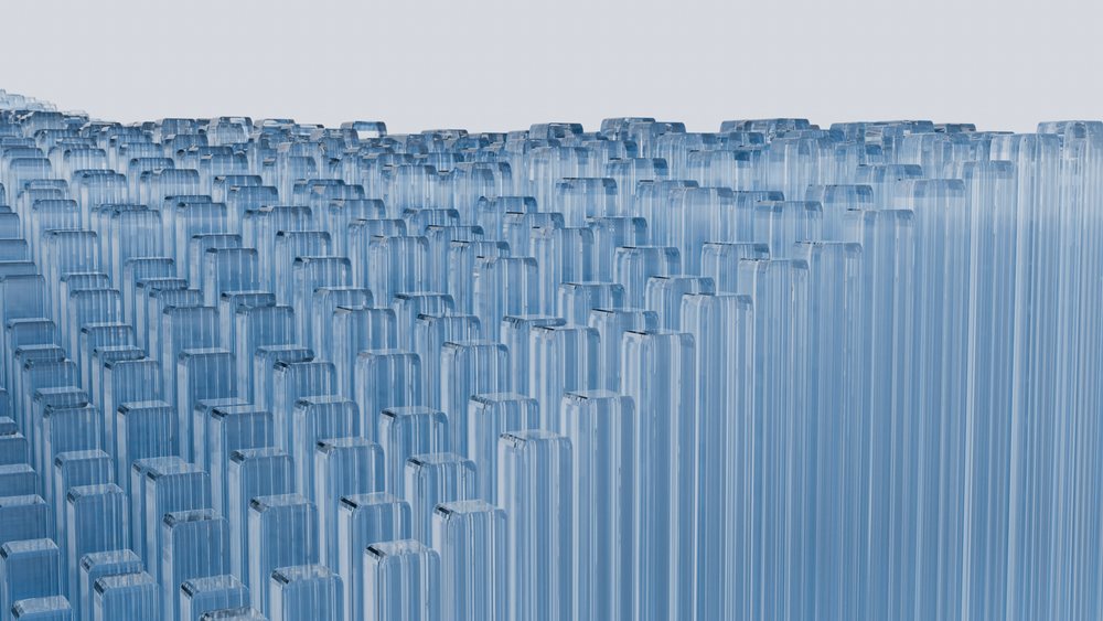 Digital illustration of blue transparent glass columns arranged densely in a vertical grid pattern.