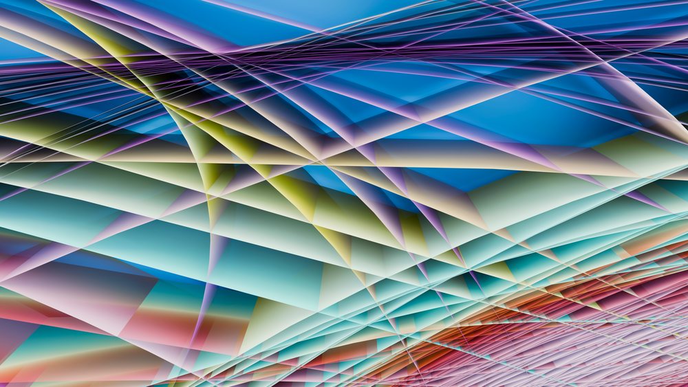 Abstract pattern of colorful curved lines and geometric shapes layered over a blue background in digital art.