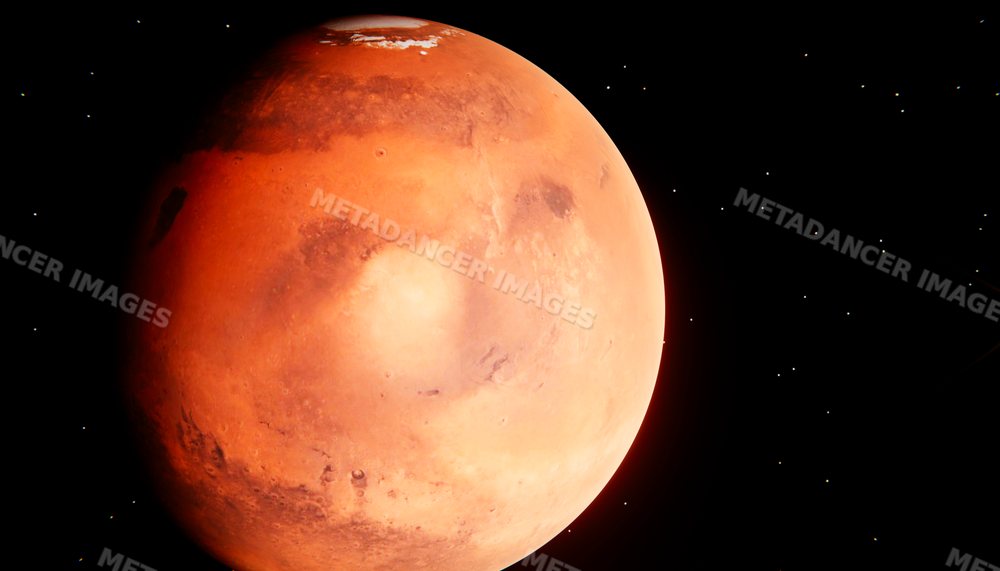 Detailed close-up view of a red planet with stars in outer space