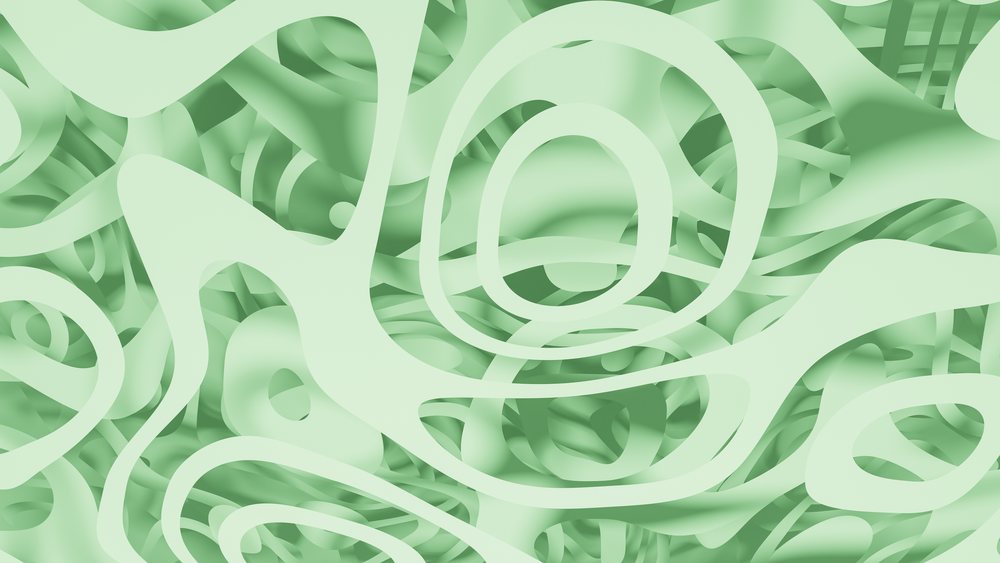 Abstract render of smooth, green, organic 3D shapes forming an intricate pattern.