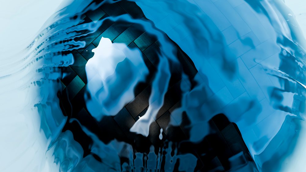 Abstract digital illustration showing smooth, glossy blue wavy reflections with distorted fluid shapes and a ripple texture.