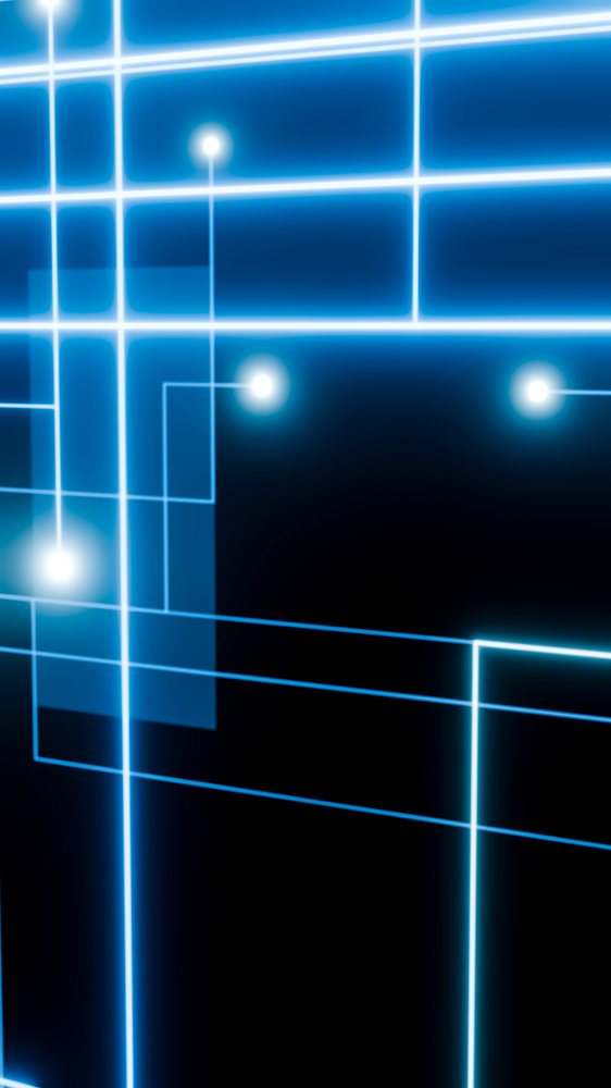 Blue glowing lines and bright nodes form an abstract digital network grid on a dark background.