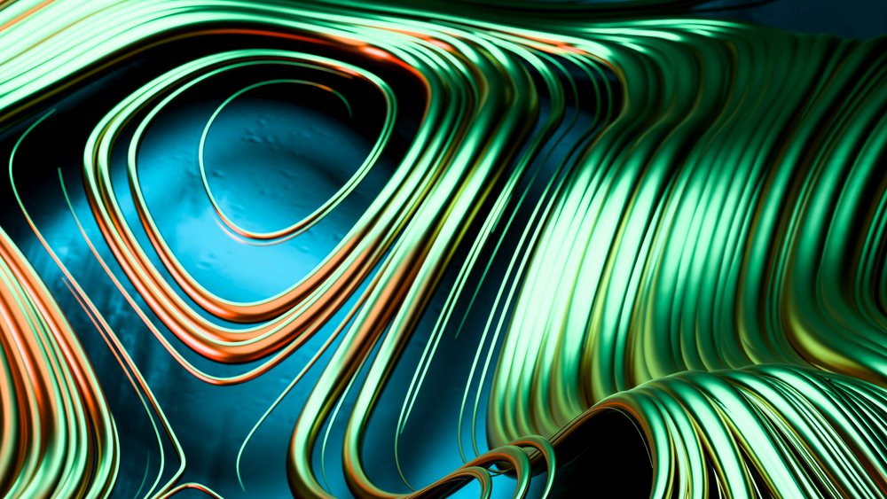 Abstract 3D digital illustration featuring colorful flowing curved waves and lines in green, blue, and orange tones.