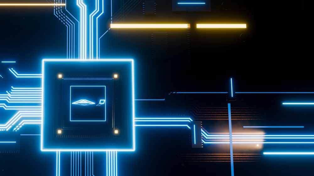 Close-up of a glowing microchip with blue and yellow electric circuit lines on a dark motherboard background.