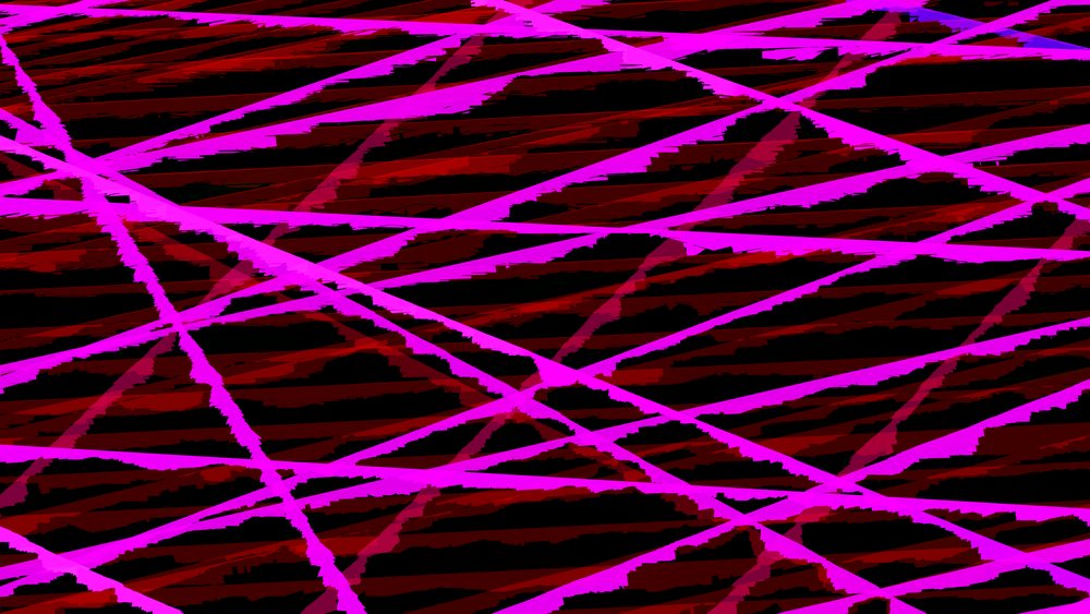 Abstract digital artwork featuring intersecting pink and red diagonal lines on a dark background.