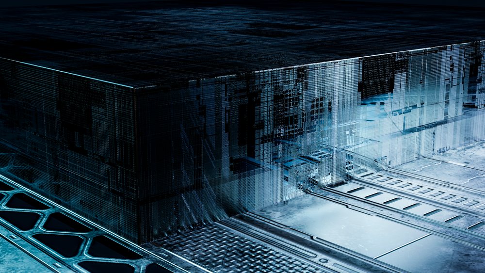 Futuristic metal platform with digital grid pattern.