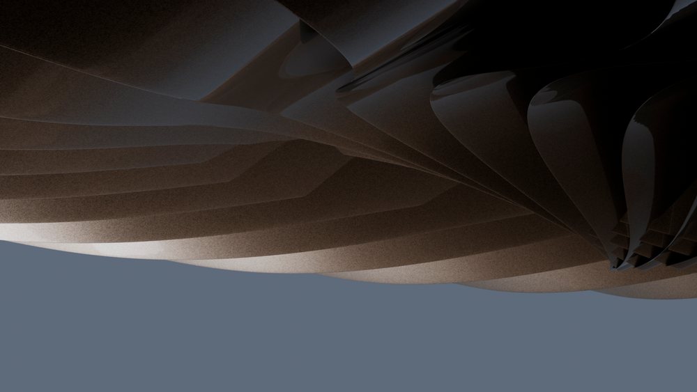 Abstract layered dark sculpture with smooth curved shapes in 3D digital art on gray background.