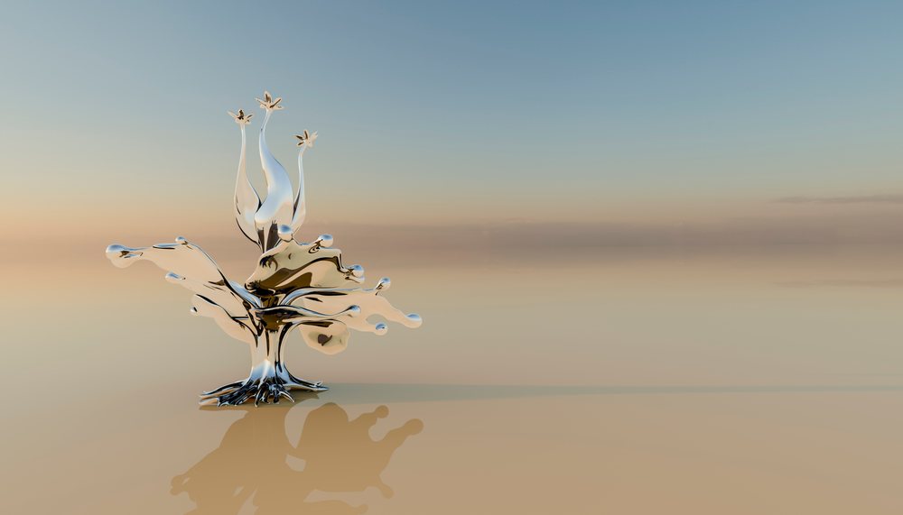 A metallic liquid splash forms an abstract sculpture on a smooth