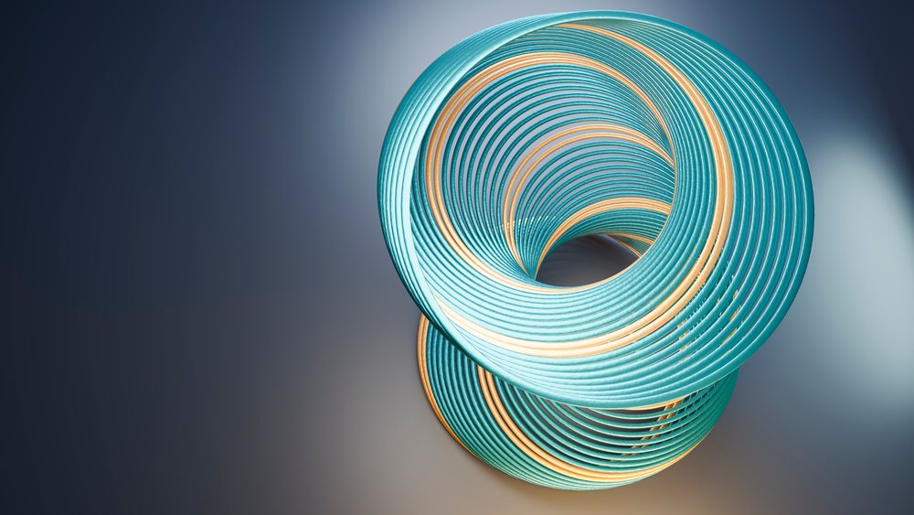 Abstract blue and orange 3D concentric spiral rings with smooth texture on a gradient background.